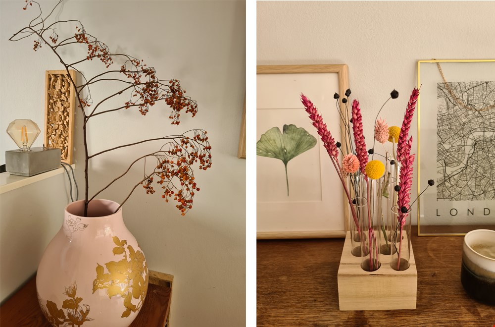 Een mooie, enkele herfsttak of verschillende droogbloemen in warme kleuren bij elkaar Een mooie, enkele herfsttak of verschillende droogbloemen in warme kleuren bij elkaar