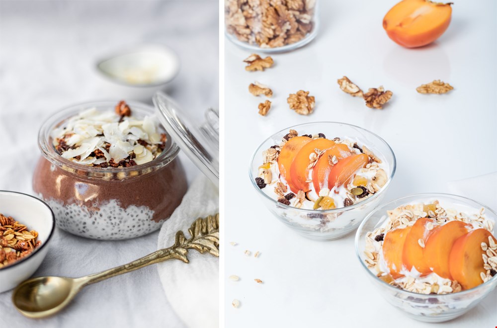 Chiapudding, overnight oats en granola zijn echte ontbijttoppers Chiapudding, overnight oats en granola zijn echte ontbijttoppers