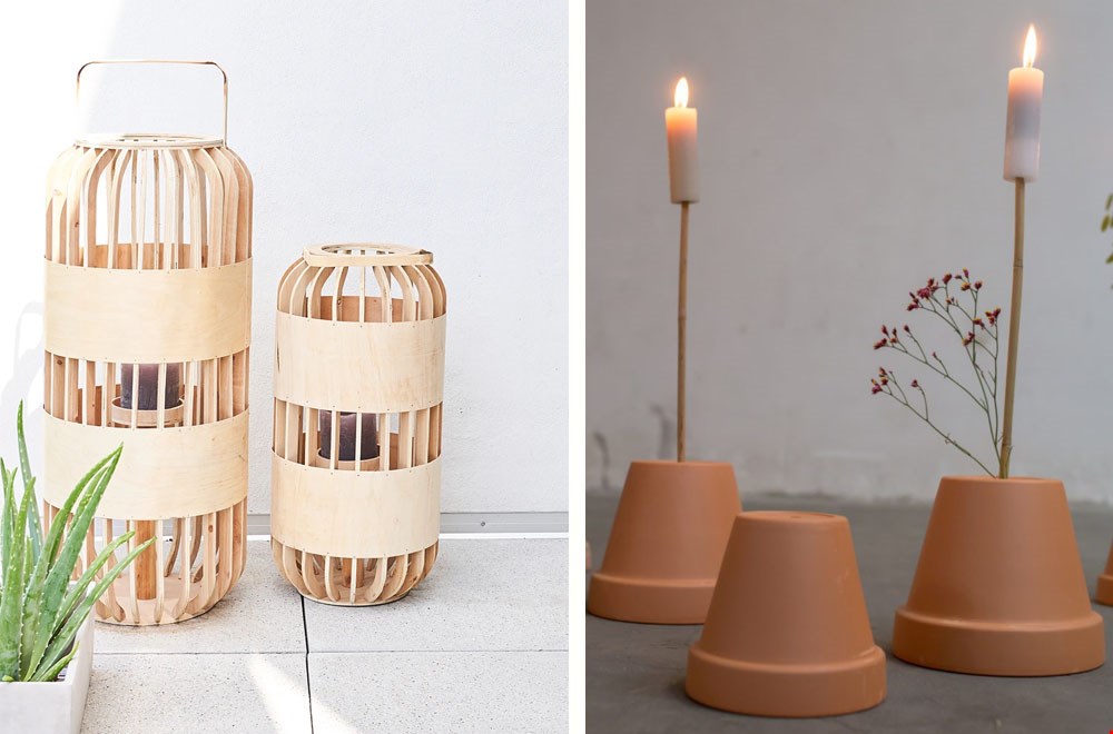 Ook windlichten en tuinfakkels zijn echte musthaves voor je buitenkamer (links Naduvi, rechts Rustik Lys @Villa Madelief) Ook windlichten en tuinfakkels zijn echte musthaves voor je buitenkamer (links Naduvi, rechts Rustik Lys @Villa Madelief)