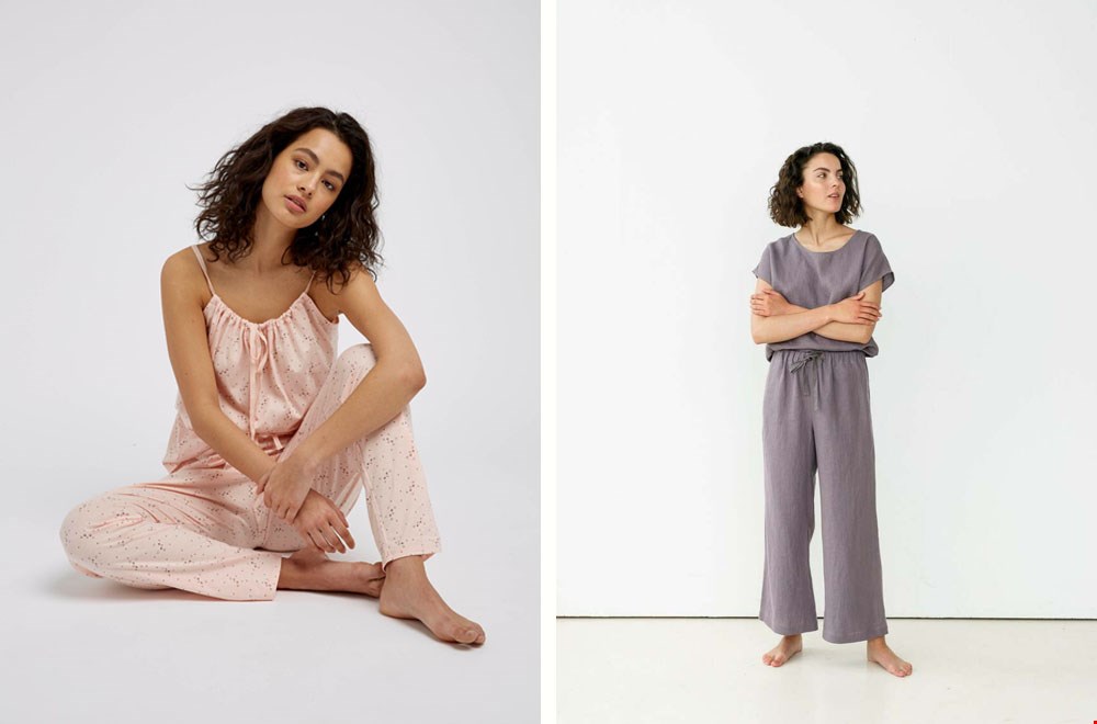 Roze met poezenprint van People Tree en lavendel linnen van Pillow and Pajamas Roze met poezenprint van People Tree en lavendel linnen van Pillow and Pajamas