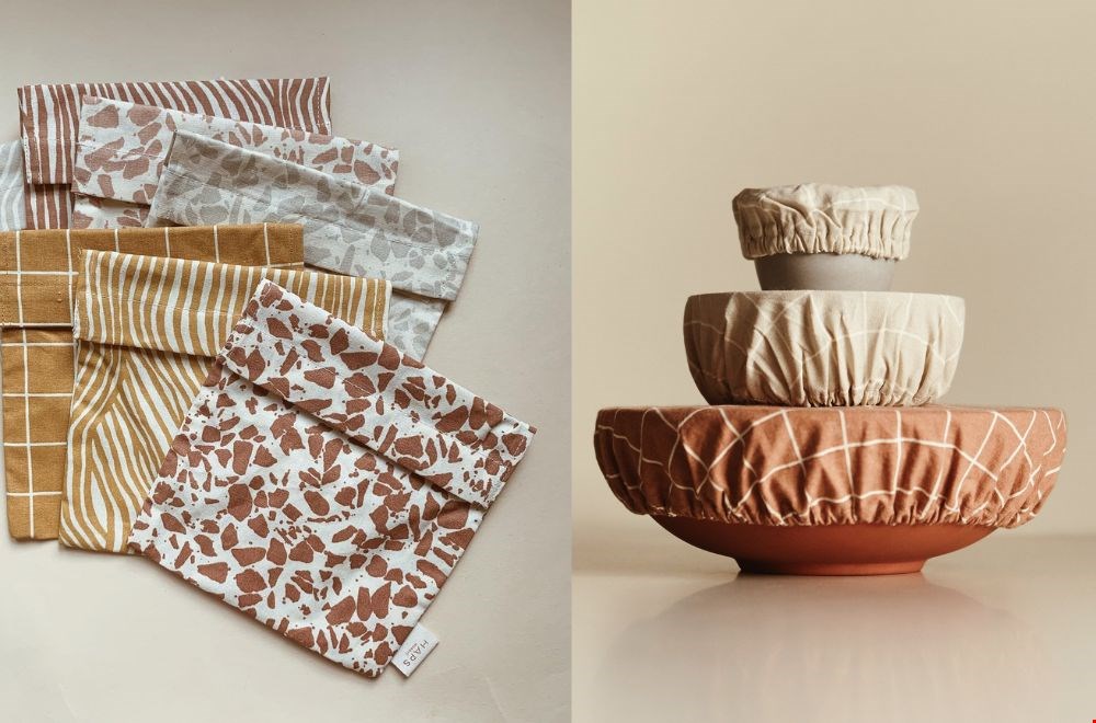 Lunchzakjes van stof en pannenhoezen van bijenwas Lunchzakjes van stof en pannenhoezen van bijenwas