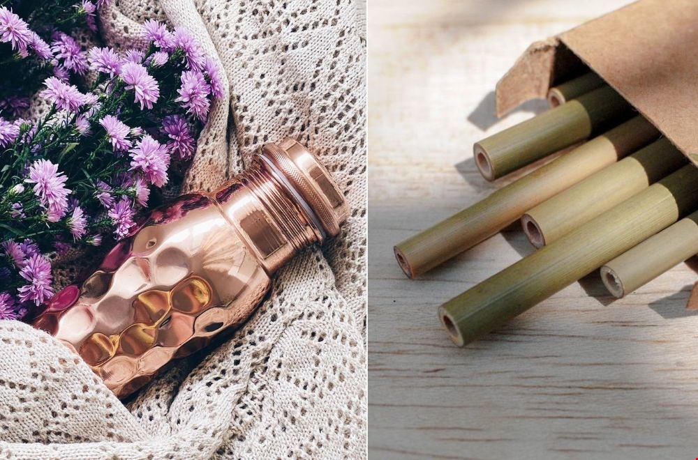 Drink je ijskoude drankje zo uit deze koperen fles of uit een beker met bamboo rietje. Drink je ijskoude drankje zo uit deze koperen fles of uit een beker met bamboo rietje.