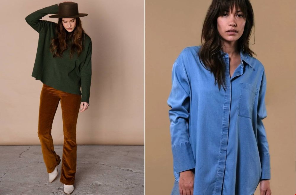 Kuyichi gebruikt ook vaak Tencel, zoals in deze blouse (100%) en corduroy broek (20%) Kuyichi gebruikt ook vaak Tencel, zoals in deze blouse (100%) en corduroy broek (20%)