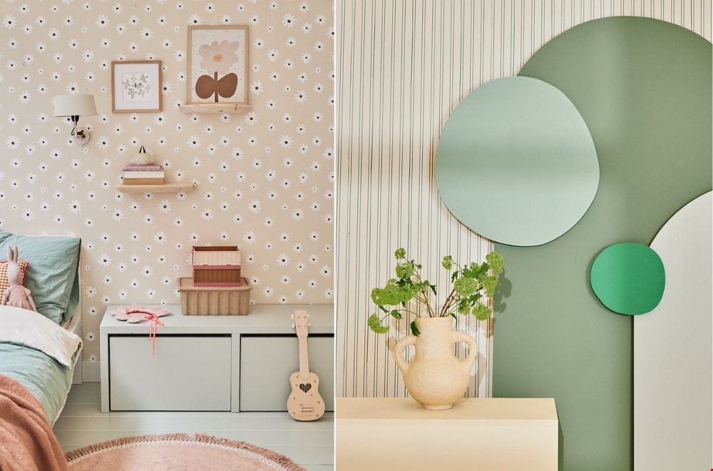 Kinderkamerbehang en verf met prints van planten en bladeren passen perfect in de biophilic trend