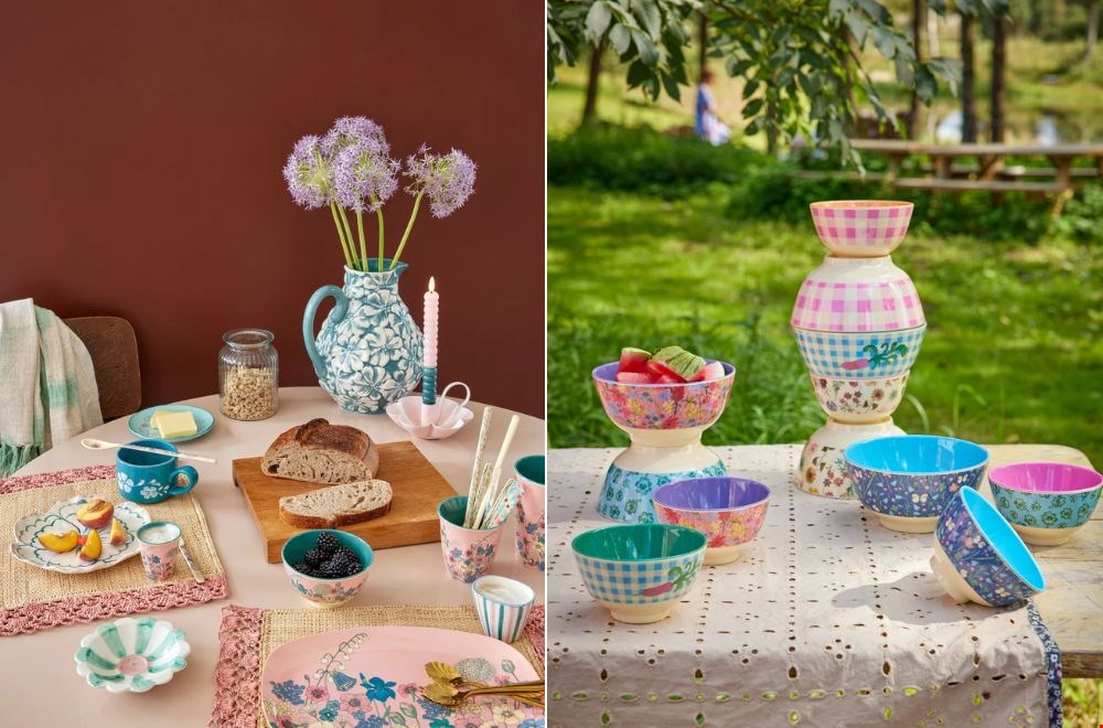 Een tafel vol pastel borden, speelse kommen en vrolijke bekers – helemaal ready voor een stylish brunch of picknick.