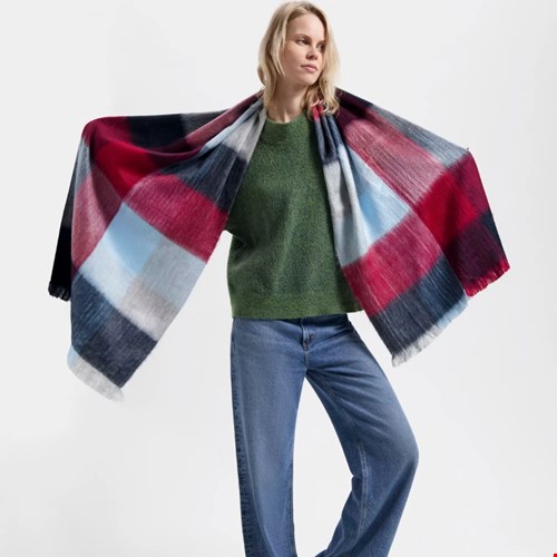 Scarf blocked ruby red, blue and grey