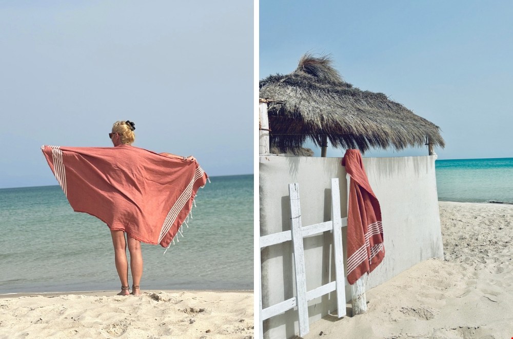 Lichte hamamdoeken van gerecycled katoen, fijn voor strand en vakantie.