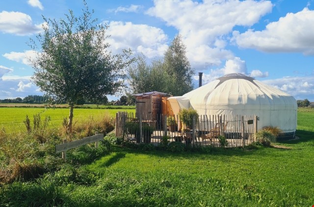 Rustige yurt in een weiland in Toldijk met houtkachel en buitendouche