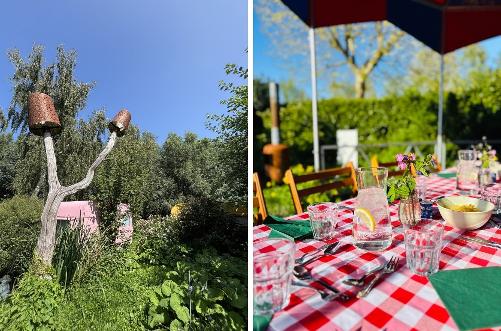 Roze retro caravan tussen het groen bij De Tuin van Tralala aan de Vinkeveense Plassen