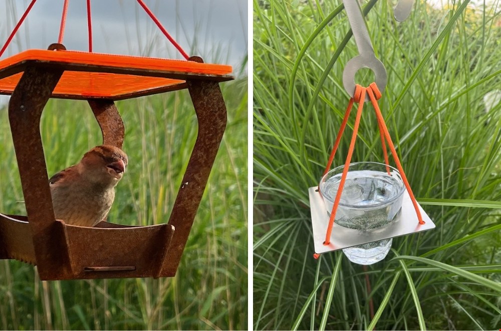 oranje voederhuisje en Cargeau waterhouder van BirdFlirt