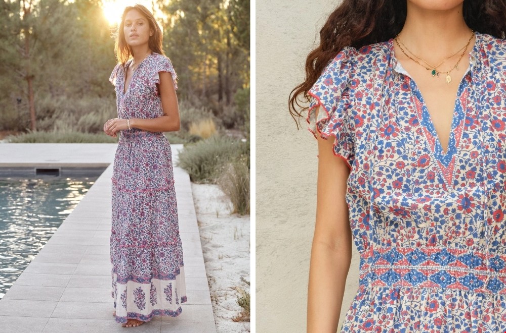Maxi dress van Mabe met blauw-roze bloemenprint, frill sleeves en soepel vallende pasvorm voor de zomer.