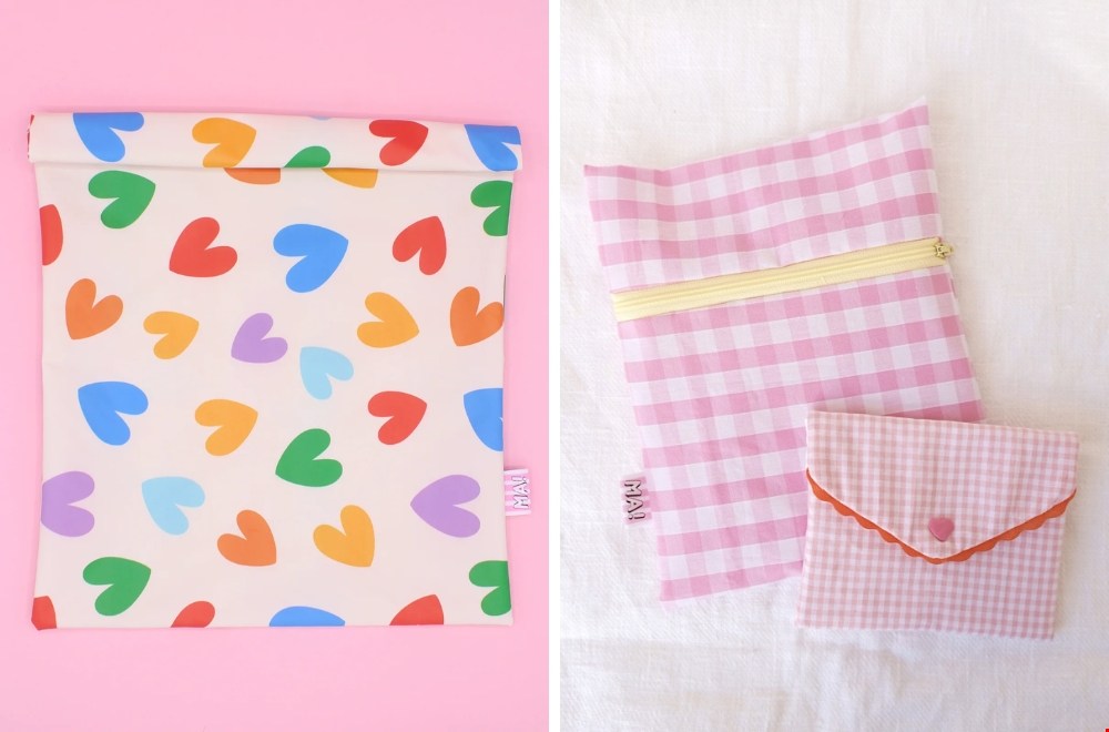 Herbruikbare zwemzak en snackzak van MAchat Atelier met hartjesprint en roze ruitjes, ideaal voor vakantie en onderweg.