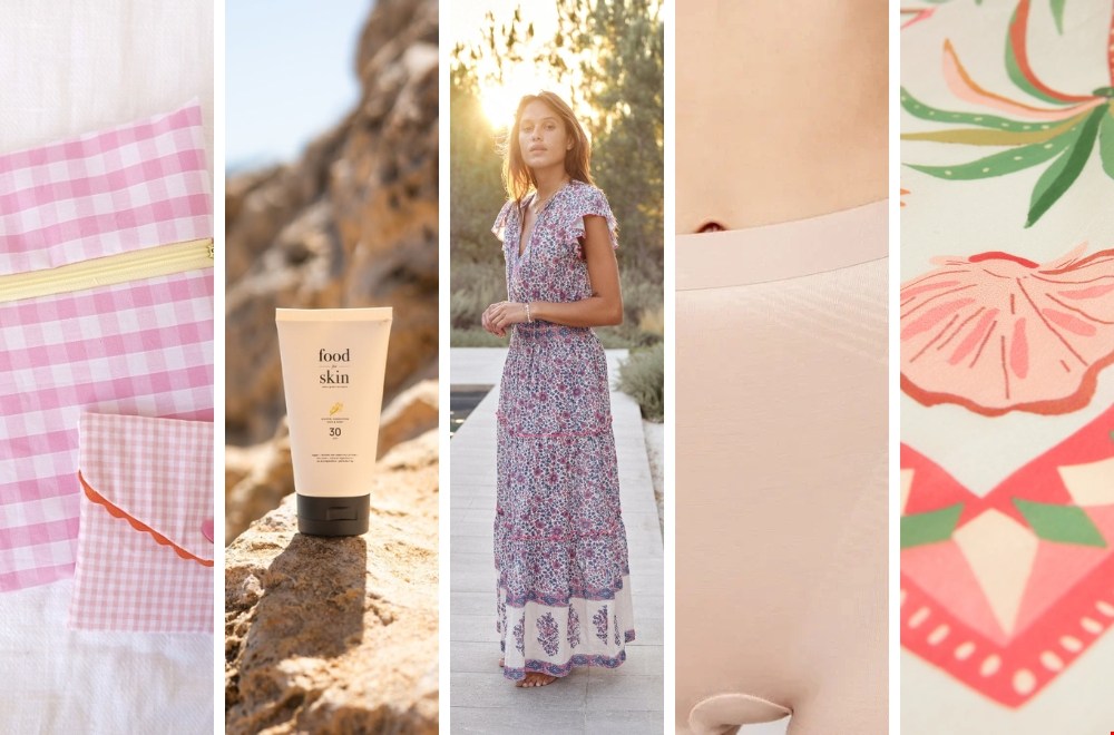 5 zomerfavorieten voor in je koffer, van duurzame SPF en herbruikbare zakjes tot een maxi dress en zijden sjaal.