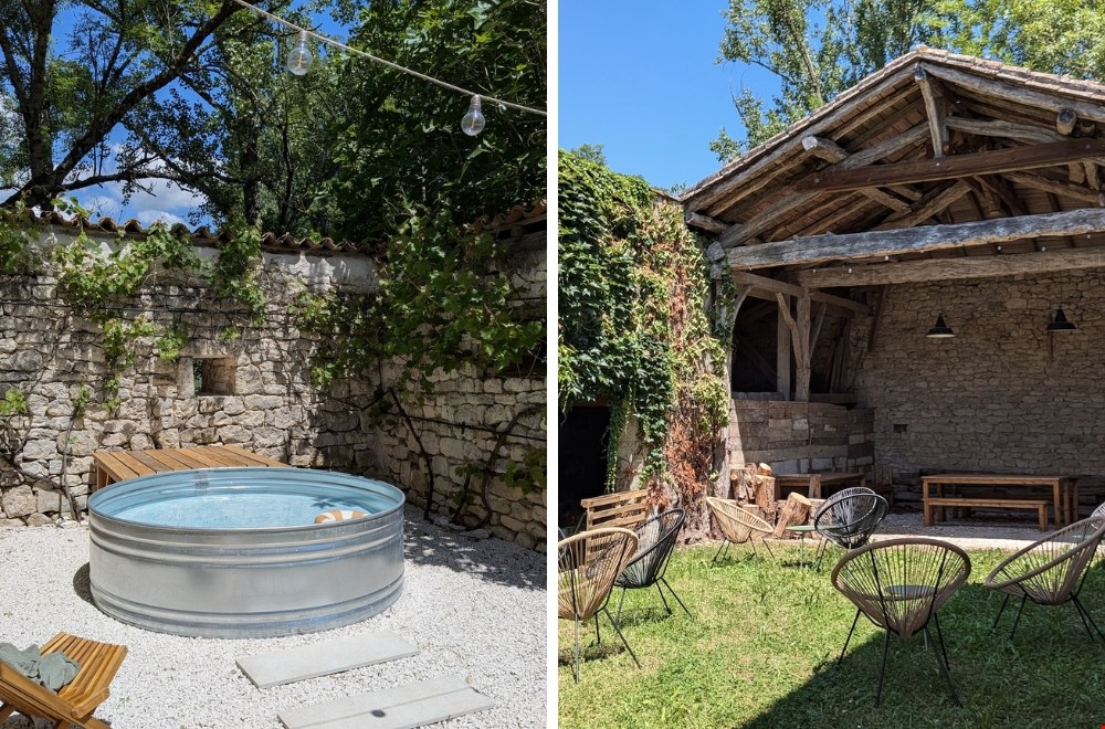 Mas Labrugade in de Lot, met sfeervolle huisjes, een bijzondere pool en uitzicht op het Franse landschap.