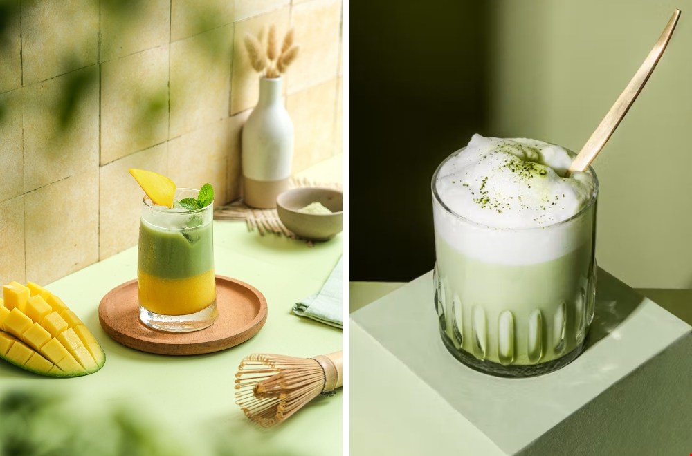 Mango, kokos, ijsblokjes en matcha on top: zomer in een glas.