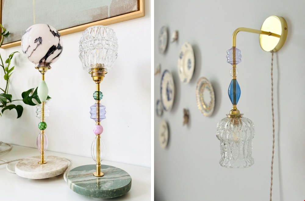 Handgemaakte bureaulamp van Memooi met vintage kapje en glazen kralen