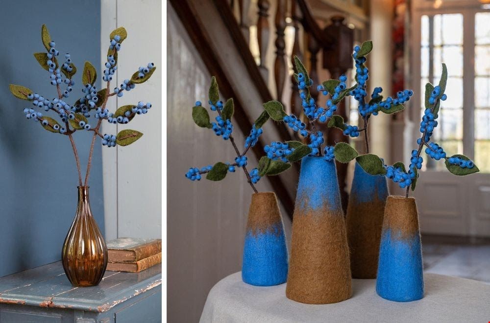 Kleurrijke vilten bessentak van Sjaal met Verhaal als herfstdecoratie