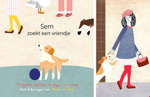 De cover van het prentenboekje Sem zoekt een vriendje en rechts een gedeelte van een illustratie door Manon de Jong