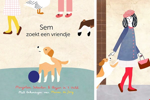 De cover van het prentenboekje Sem zoekt een vriendje en rechts een gedeelte van een illustratie door Manon de Jong