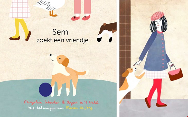 De cover van het prentenboekje Sem zoekt een vriendje en rechts een gedeelte van een illustratie door Manon de Jong De cover van het prentenboekje Sem zoekt een vriendje en rechts een gedeelte van een illustratie door Manon de Jong