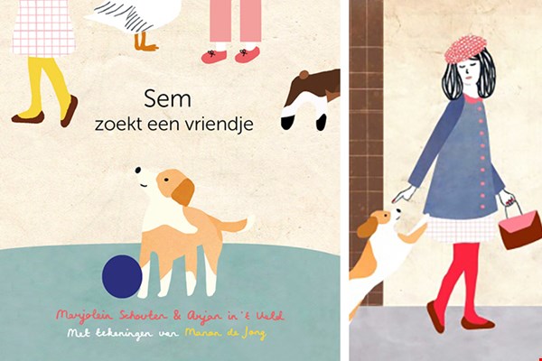 De cover van het prentenboekje Sem zoekt een vriendje en rechts een gedeelte van een illustratie door Manon de Jong De cover van het prentenboekje Sem zoekt een vriendje en rechts een gedeelte van een illustratie door Manon de Jong