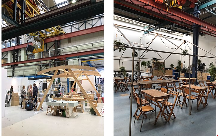Links de opbouw van 't Papieratelier, rechts een kijkje in het restaurant dat al bijna klaar is.  Links de opbouw van 't Papieratelier, rechts een kijkje in het restaurant dat al bijna klaar is.