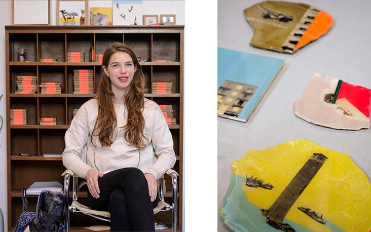 Marga van Oers met rechts haar eerste tegeltjes Marga van Oers met rechts haar eerste tegeltjes
