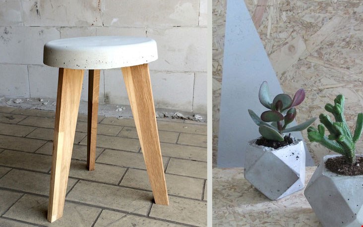 Krukje en plantenpotje van beton Krukje en plantenpotje van beton