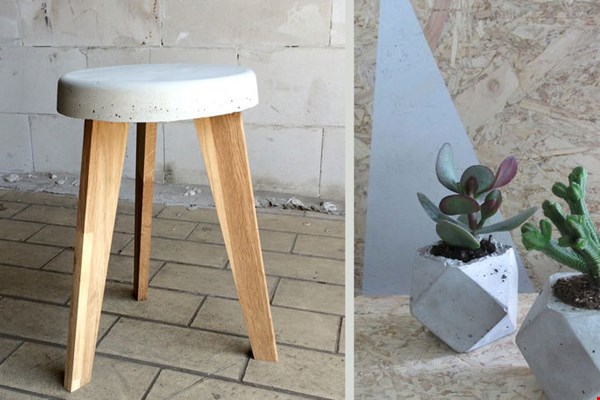 Krukje en plantenpotje van beton Krukje en plantenpotje van beton