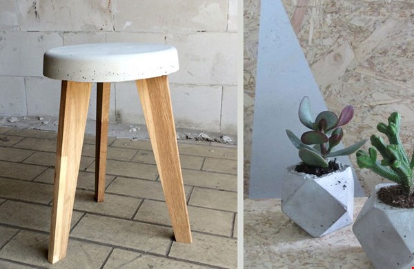 Krukje en plantenpotje van beton Krukje en plantenpotje van beton