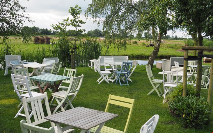Gekleurde houten stoeltjes in de tuin Gekleurde houten stoeltjes in de tuin