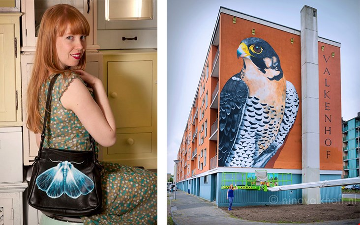 Links: Nina zelf met een van haar tassen Rechts: een van haar projecten Links: Nina zelf met een van haar tassen Rechts: een van haar projecten