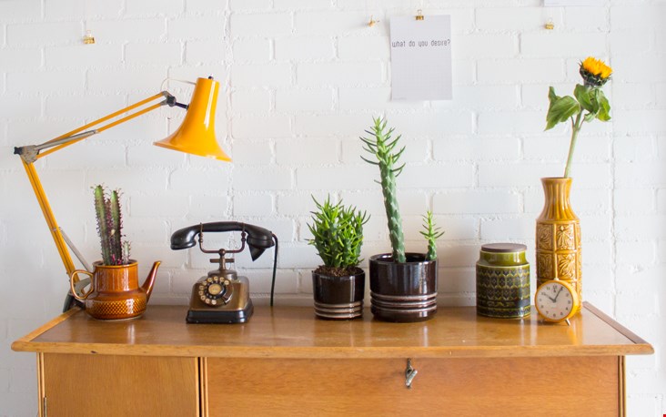 Gele details zoals een lamp, een wekker (die het overigens niet doet), een vaas en een zonnebloem Gele details zoals een lamp, een wekker (die het overigens niet doet), een vaas en een zonnebloem