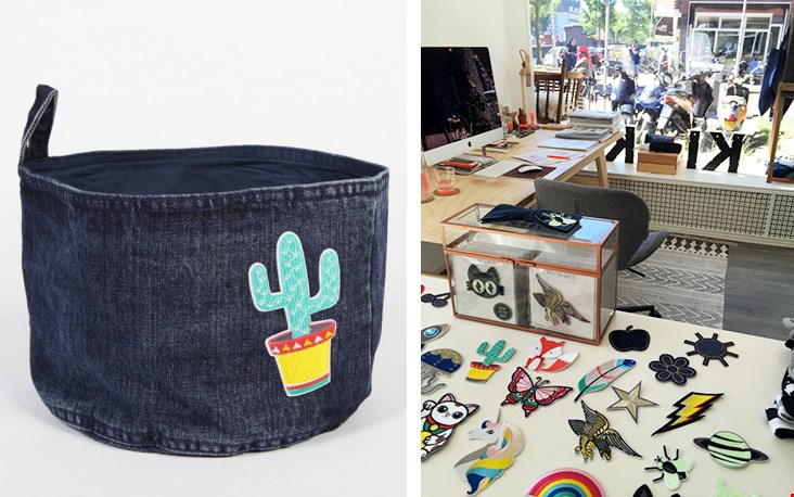 Links één van de jeansmandjes met patch ontworpen door Kiki, rechts haar fijne werkruimte met uitzicht! Links één van de jeansmandjes met patch ontworpen door Kiki, rechts haar fijne werkruimte met uitzicht!